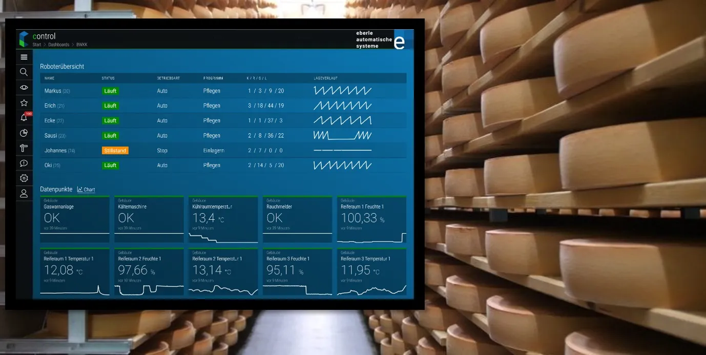 Dashboard view of control on a large screen in the cheese cellar