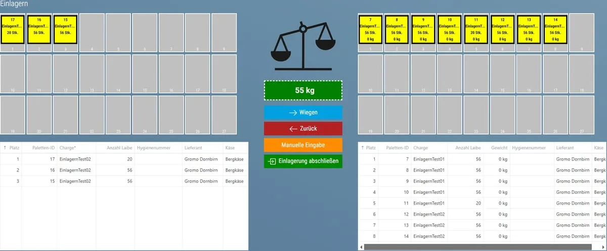 storage storing screen — pallet positions, connected scale with weight display, and batch list